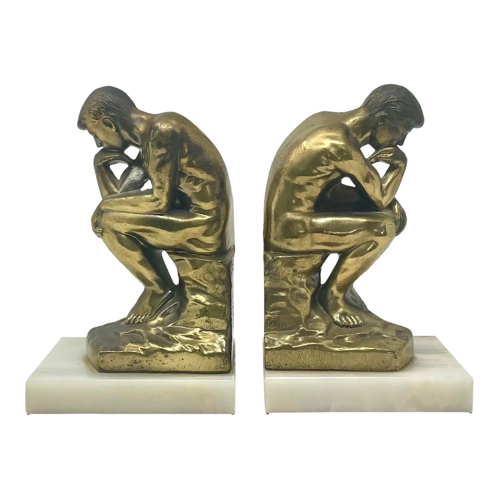 1920s "The Thinker" Brass Statue Marble Base Bookends After Rodin - Set of 2 | Chairish