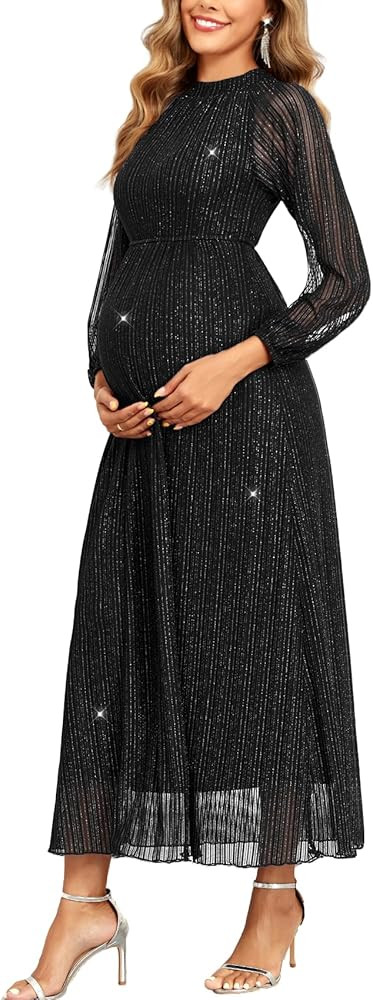 Maternity Sparkly Mesh Dress Halter Neck Sleeveless A Line Pregnancy Dresses Semi Formal Baby Sho... | Amazon (US)