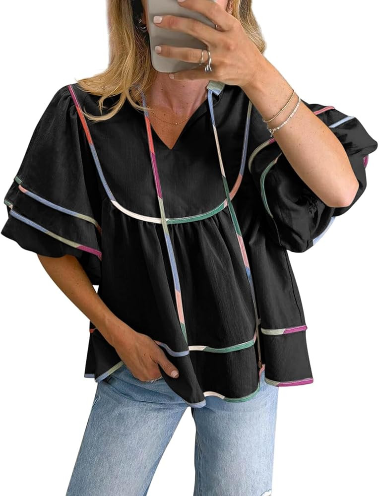 Cicy Bell Womens Summer Babydoll Tops V Neck Short Lantern Sleeve Shirts Cute Loose Fit Peplum Fl... | Amazon (US)