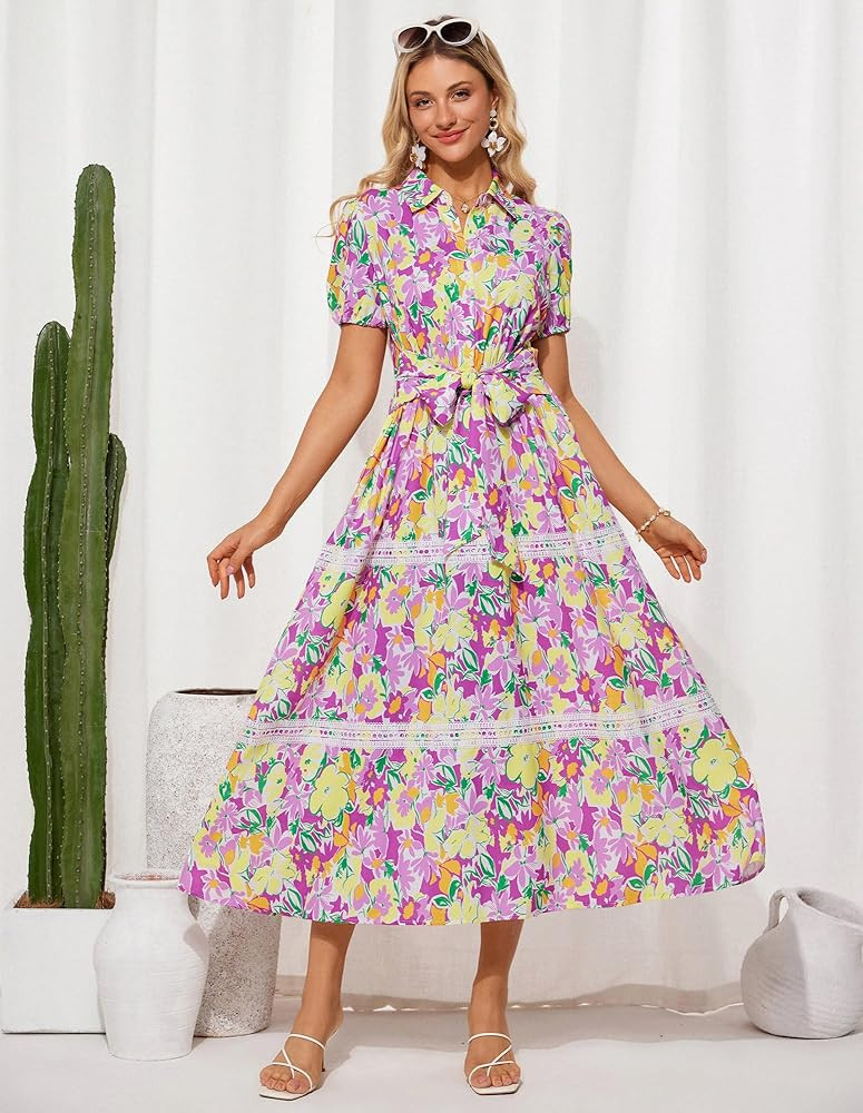 GRACE KARIN Women's 2026 Summer Floral Flowy Dresses Boho Tie Belt Short Puff Sleeve A Line Maxi ... | Amazon (US)