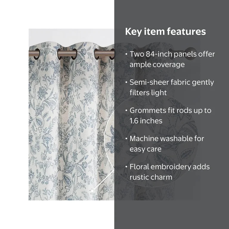 Curtainking Floral Curtains Linen Farmhouse Curtains for Living Room 84 inch Country Curtains Gro... | Walmart (US)