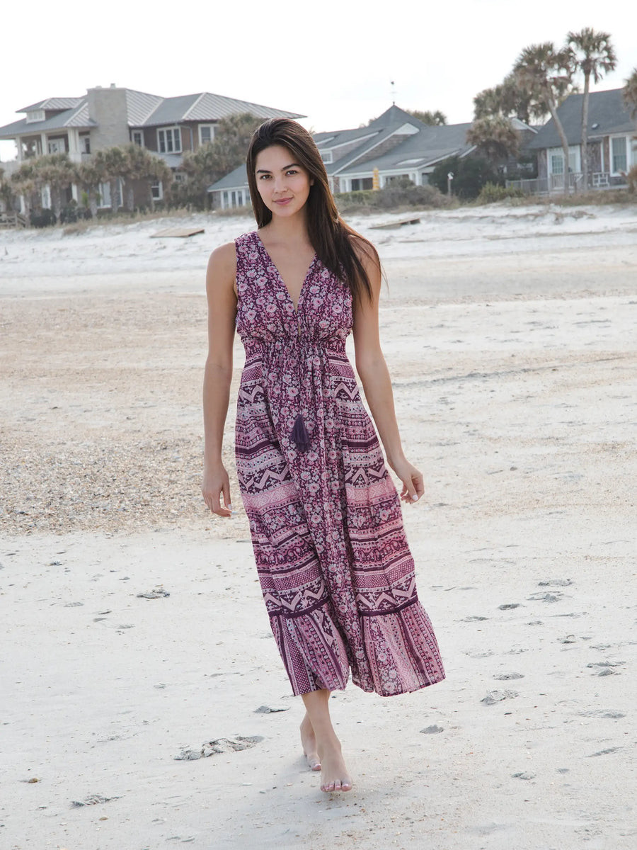 Gianna Midi Beach Dress - Purple Floral Border | Natural Life
