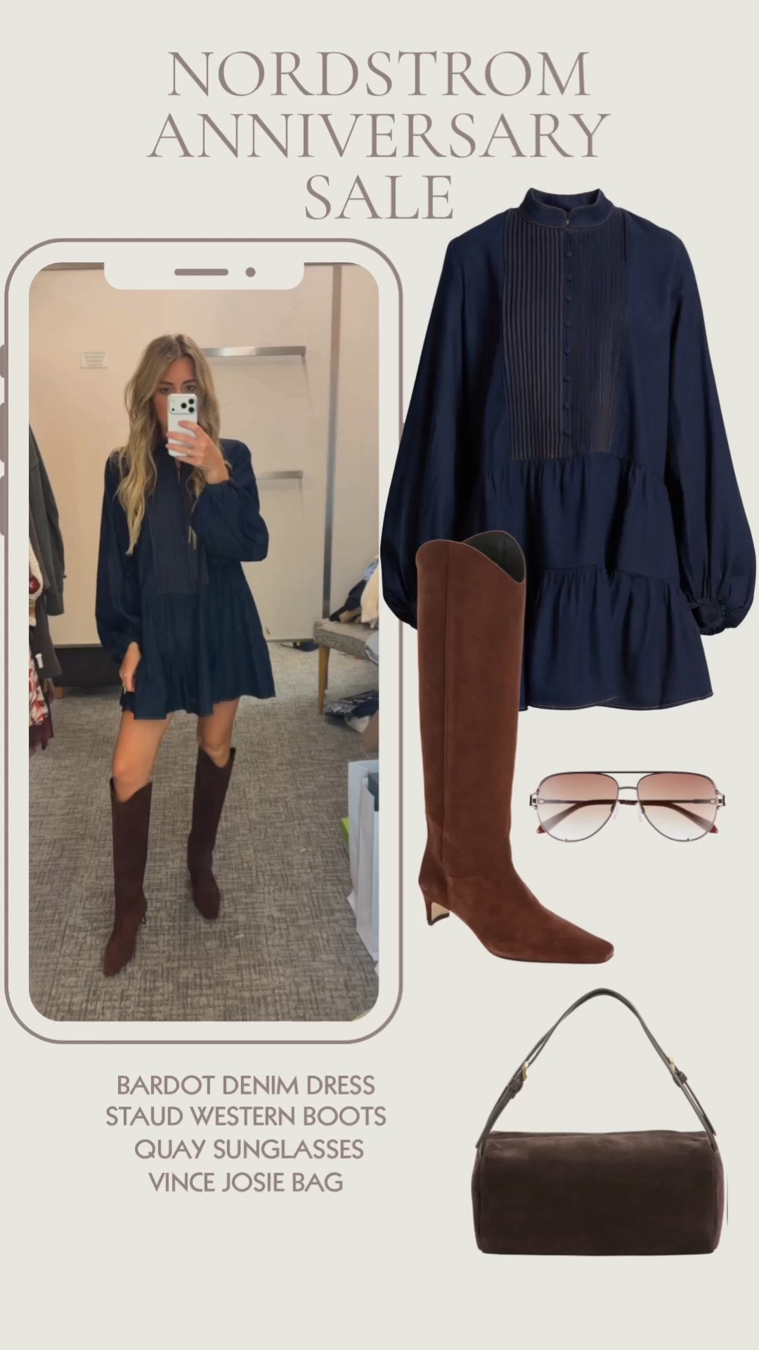 Nordstrom anniversary sale 2026 Bardot dress wearing size 2 , staud Wally boots, quay sunglasses, Vince Josie shoulder bag 

nordstromanniversarysale #nsale #nordstromsale #nordstromanniversarysale2026 #ltk #ltkfashion #ltkfinds #ltkstyle #ltkcreator #shopmylook #shopmyltk #fallfashion #falldresses #denimdress #madewell #bardotdress #staud #westernboots #suedeboots #cowgirlchic #everydaystyle #capsulewardrobe #falloutfits #effortlessstyle #designerstyle #luxestyle #fashionfinds #wearitloveit #ootd

#LTKootd #LTKSaleAlert #LTKTall