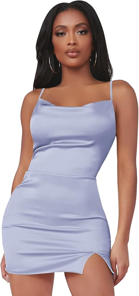 Verdusa Women's Split Hem Cowl Neck Spaghetti Strap Satin Cami Bodycon Dress | Amazon (US)