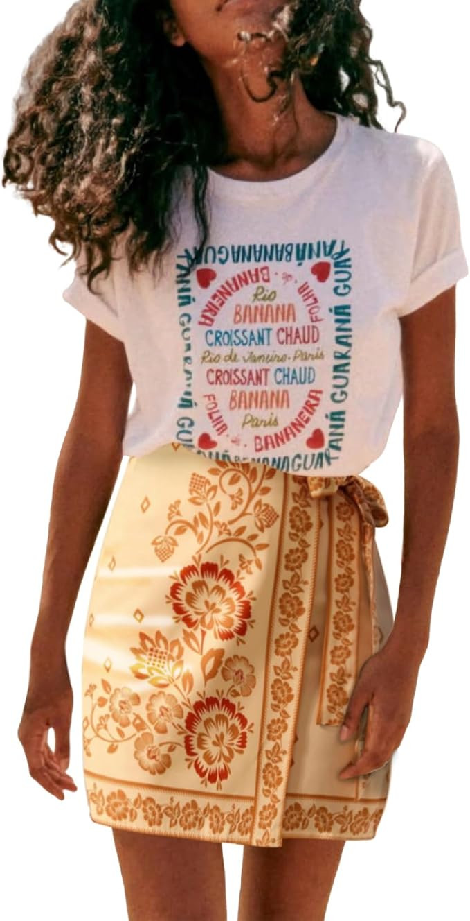 Womens Summer Floral Wrap Short Skirt Tie Side High Waist A Line Beach Vacation Boho Mini Skirt | Amazon (US)