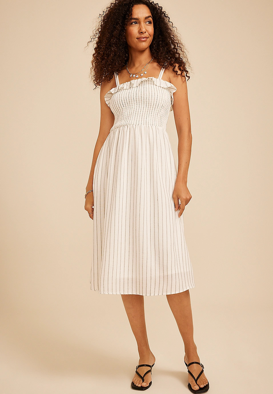 Bare Striped Ruffle Midi Dress | Maurices
