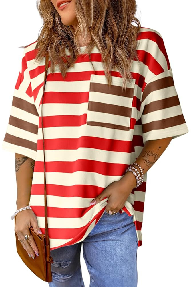 Womens Oversized Color Block Striped Tshirts Summer Casual Short Sleeve Tops Loose Fit Crew Neck ... | Amazon (US)