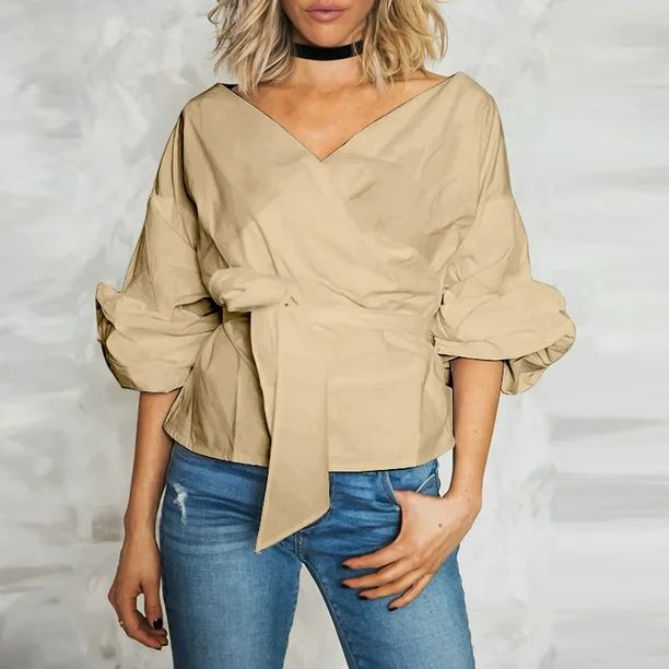 Celmia Women Casual Wrapped Waist Puff Sleeve Middle Sleeve Shirt Top | Walmart (US)