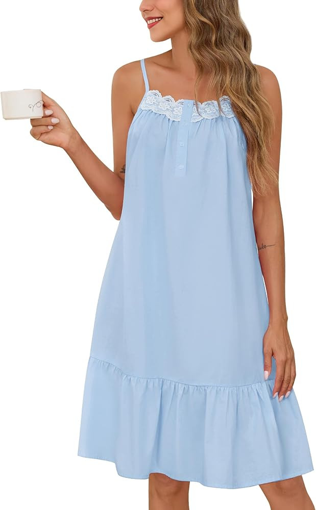 SWOMOG 100% Cotton Nightgowns for Women Lace Sleeveless Sleep Dress Victorian Sleepshirt Button S... | Amazon (US)