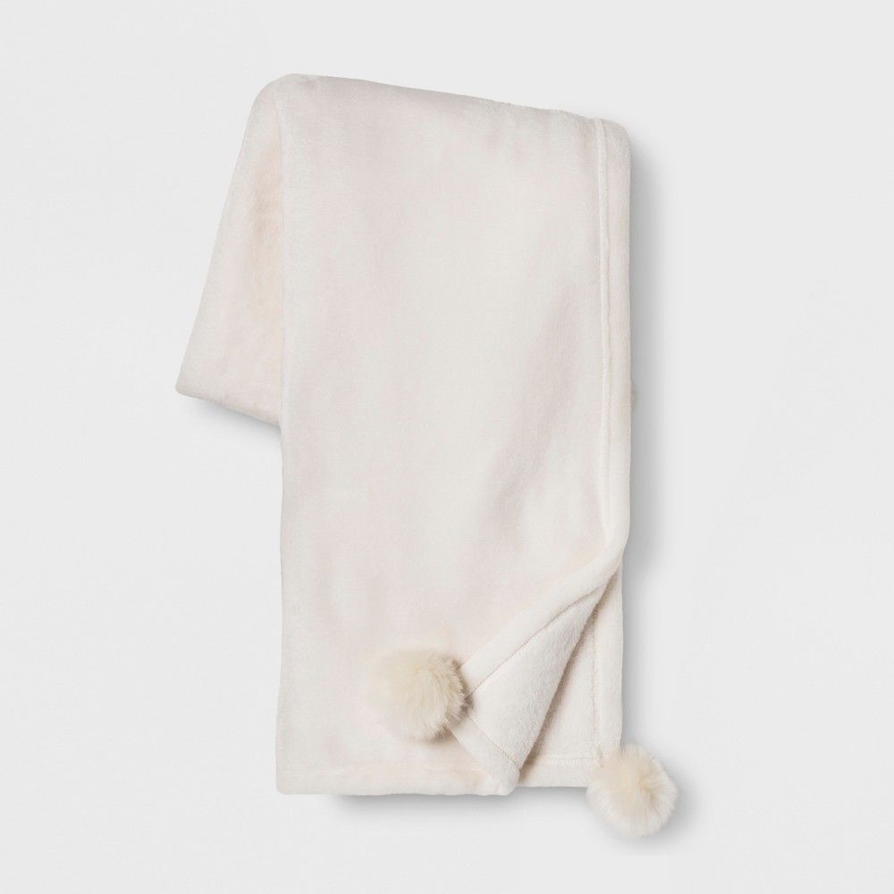 Solid Plush With Faux Fur Poms Throw Blanket Cream - Opalhouse | Target
