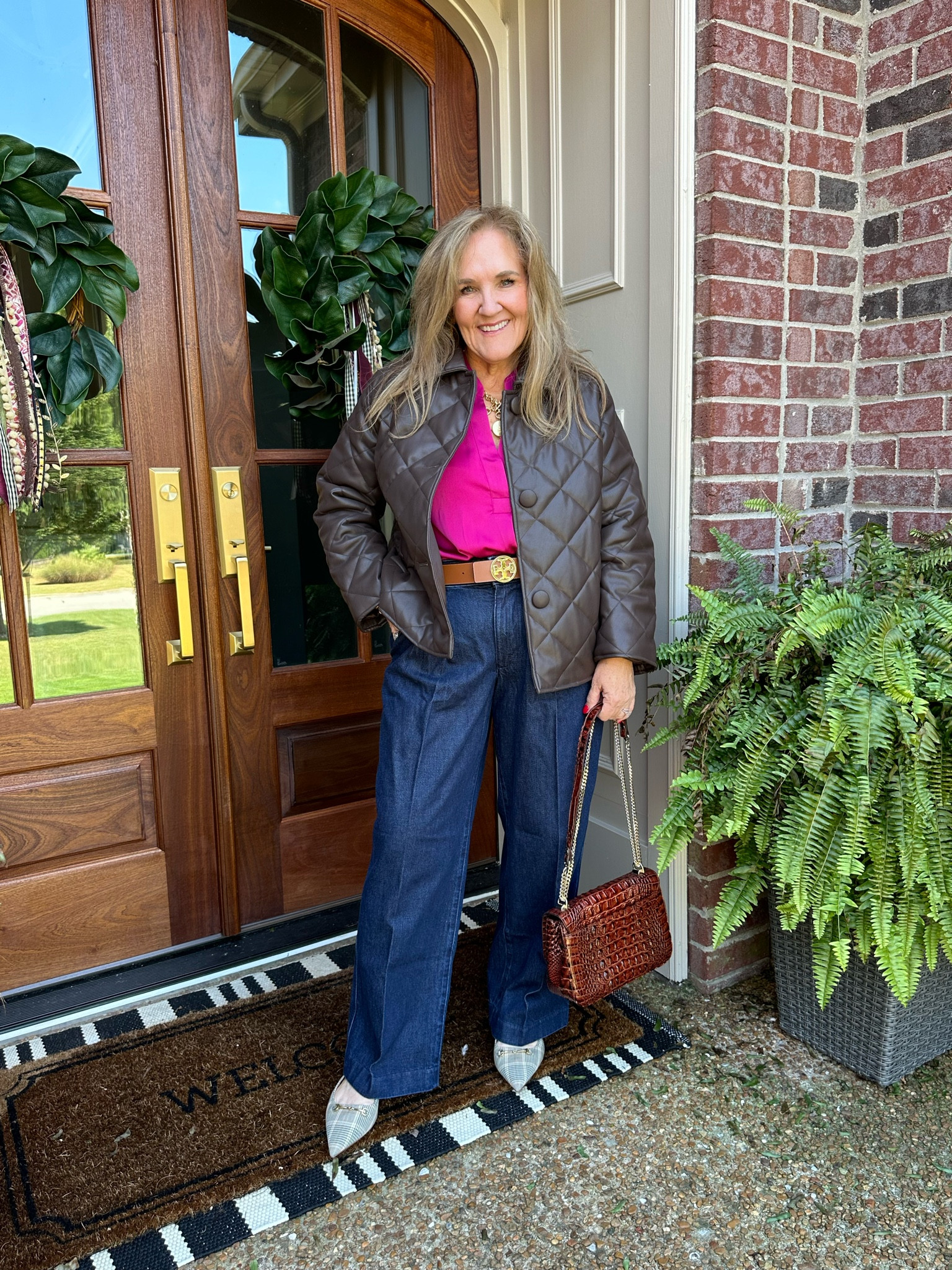 Quilted faux leather jacket. Size large petite. 

Jeans a 10 petite but I think a regular is better. 

Love this blouse! It’s a great basic. I have it in 3 colors. 

Plaid slingbacks are on sale! Don’t miss them! 

#LTKSaleAlert #LTKSeasonal #LTKOver40