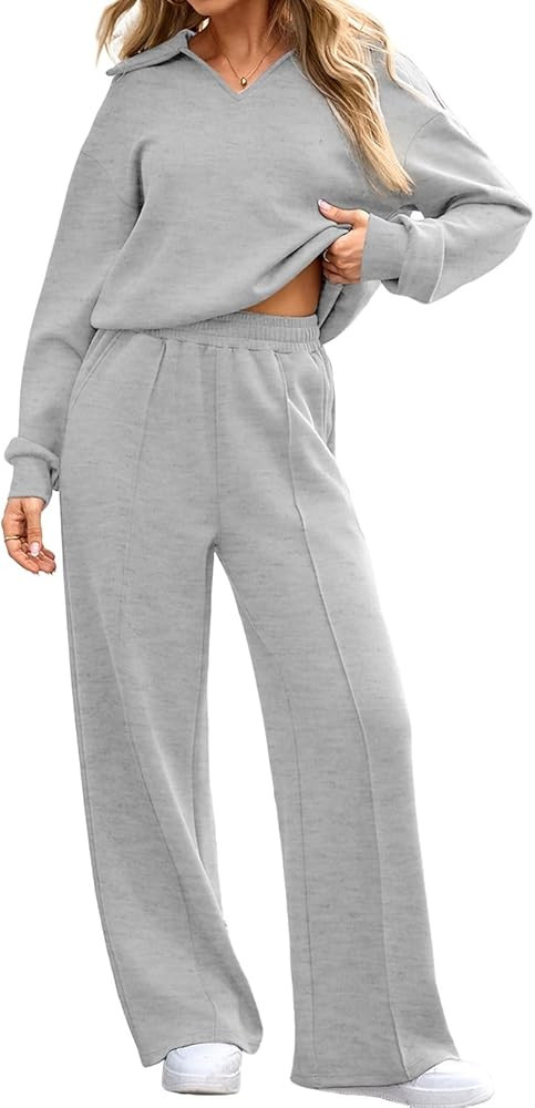 Aleumdr Womens 2 Piece Outfits Fall Lounge Set Sweatsuit Long Sleeve Tops Wide Leg Pants with Poc... | Amazon (US)
