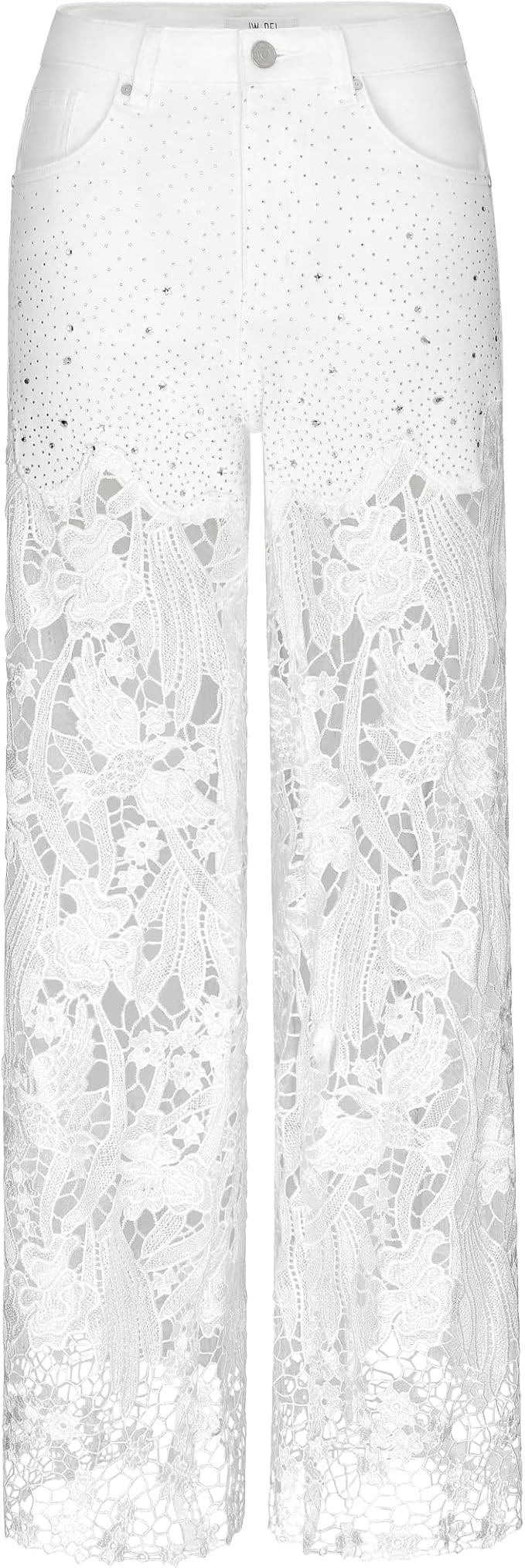 JW PEI Women's Embroidery High Rise Wide Leg Lace Denim Jeans with Rhinestone | Amazon (US)