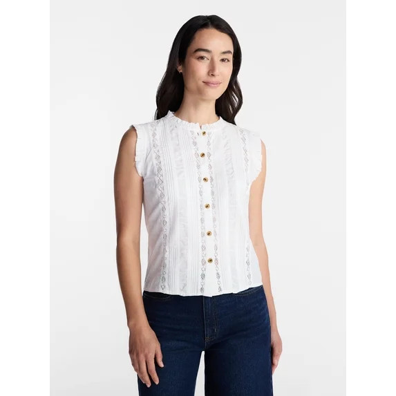 Time and Tru Women's Lace Inset Sleeveless Cotton Top, Sizes XS-XXXL | Walmart (US)