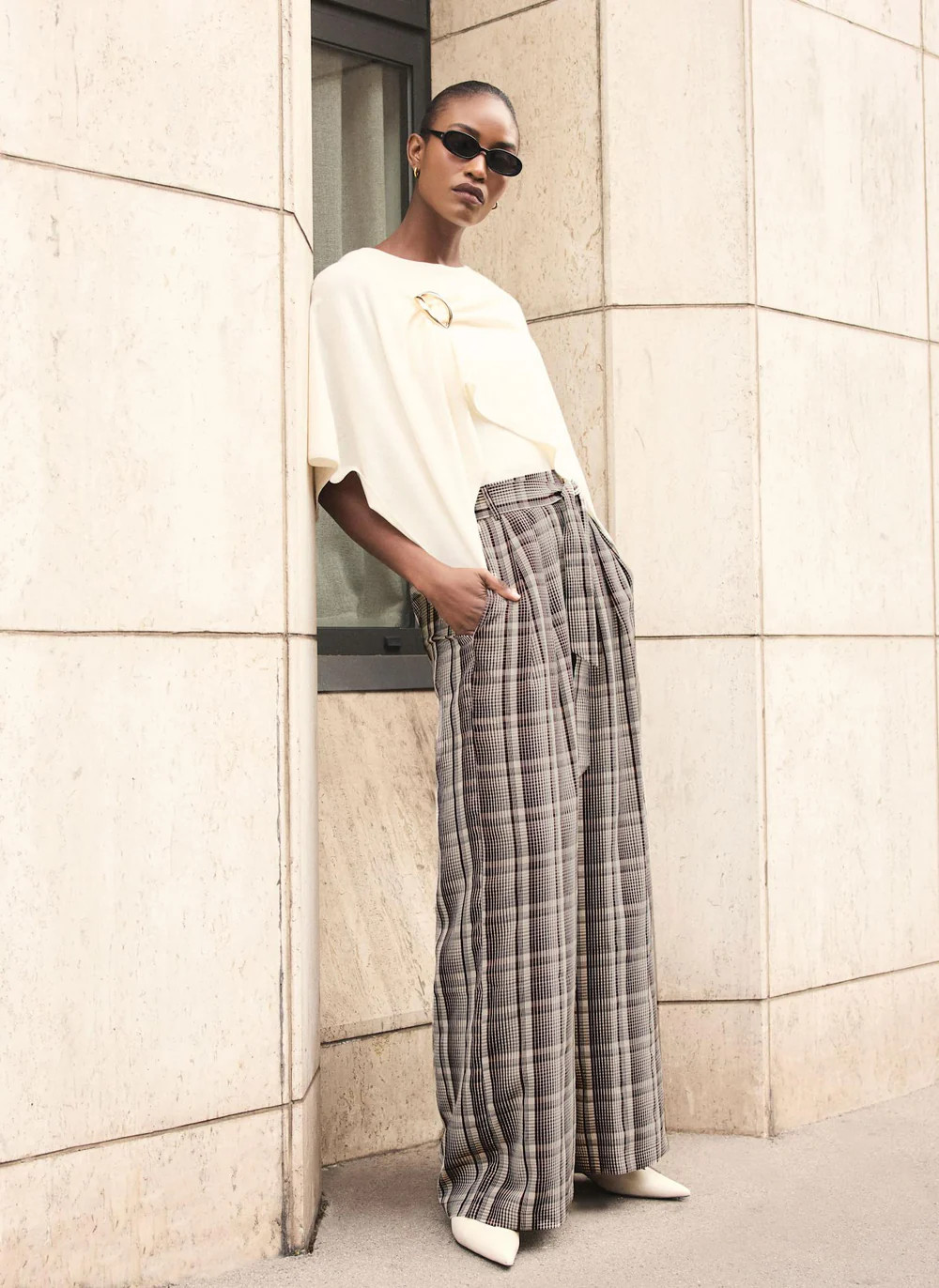 Brown Check Belted Wide Leg Trousers | Mint Velvet