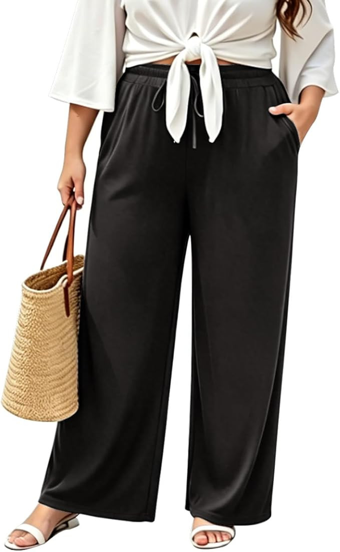 Amazon.com: Ninee Women Plus Size Wide Leg Pants Palazzo Casual Trousers Adjustable High Waist Po... | Amazon (US)