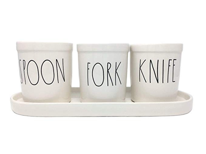 Rae Dunn by Magenta SPOON FORK KNIFE pot set with tray. Large letters! | Amazon (US)