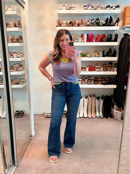 Casual outfit, Amazon outfit, spring outfit, striped sleeveless sweater, flare leg jeans, platform sandals 

#LTKShoeCrush #LTKFindsUnder50 #LTKStyleTip