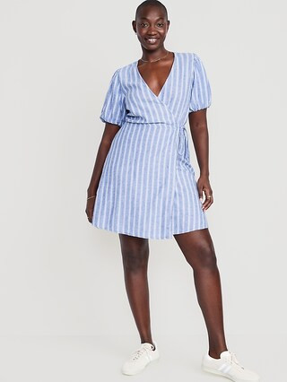 Striped Puff-Sleeve Mini Wrap Dress for Women | Old Navy (US)