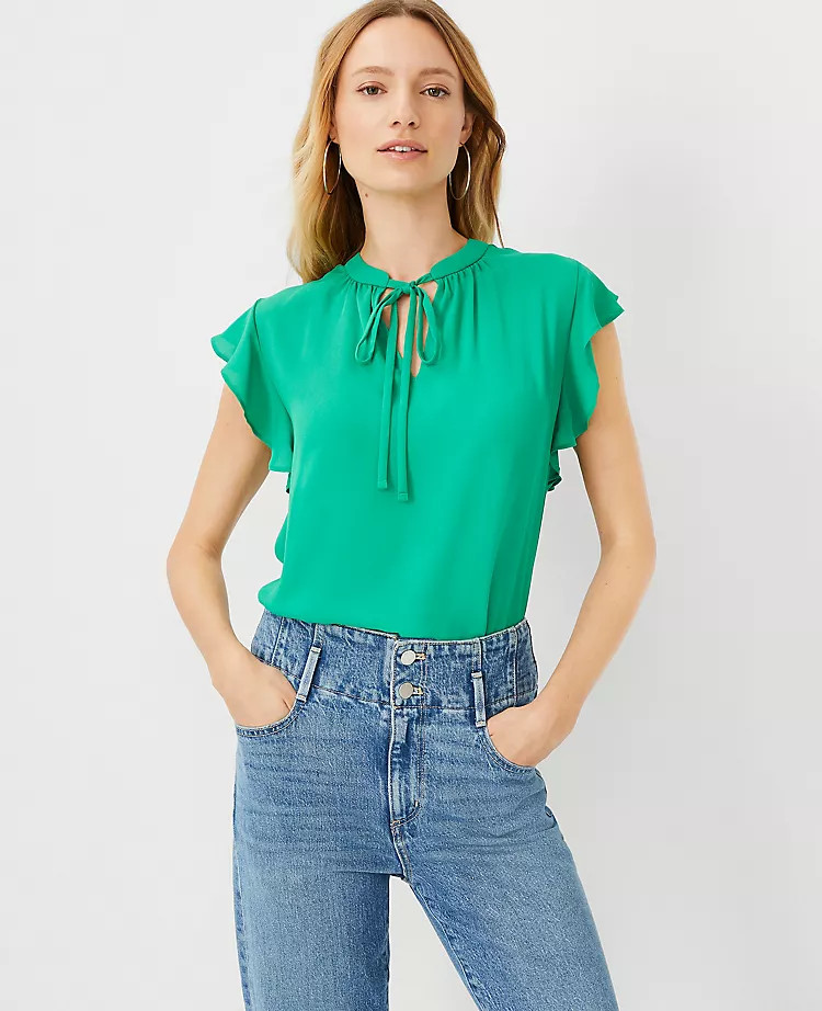 Mixed Media Ruffle Sleeve Tie Neck Shell | Ann Taylor | Ann Taylor (US)