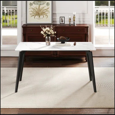 Modern Artificial Stone White Straight Edge Dining Table with Black Metal Legs, Seats 6, Perfect for Contemporary Kitchens and Dining Rooms. | Wayfair North America