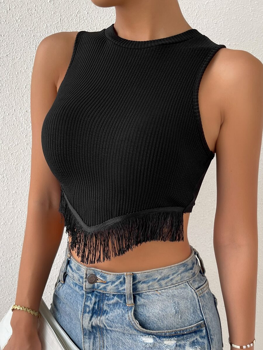 Fringe Trim Ribbed Knit Tank Top
   SKU: sw2204237556388776      
          (122 Reviews)
       ... | SHEIN