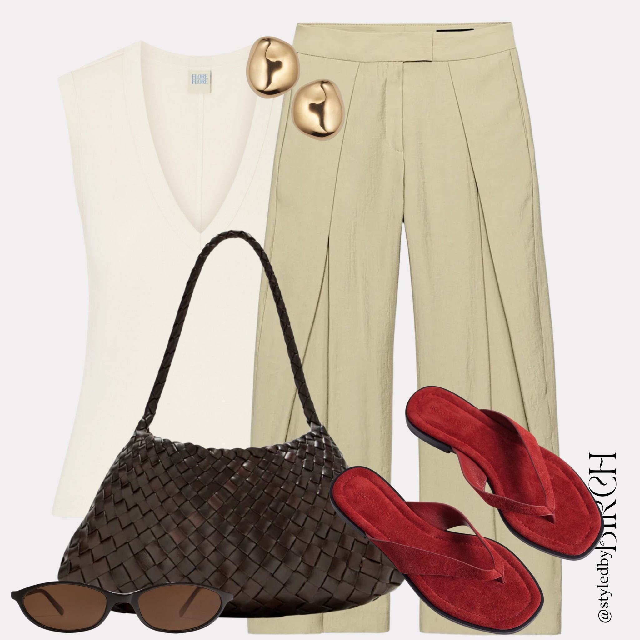 The perfect office outfit exists and this is it 🙌 Tailored trousers, a clean vest and then the red sandals and woven bag just lift the whole thing. Chic without even trying.

#ootd #officestyle #workwear #outfitinspo #chicstyle

Tags 🏷️
Cream v-neck sleeveless top, stone tailored wide leg trousers, dark brown woven leather shoulder bag, red suede flip flop sandals, brown slim sunglasses, gold nugget earrings

#LTKsummer #LTKeurope #LTKworkwear