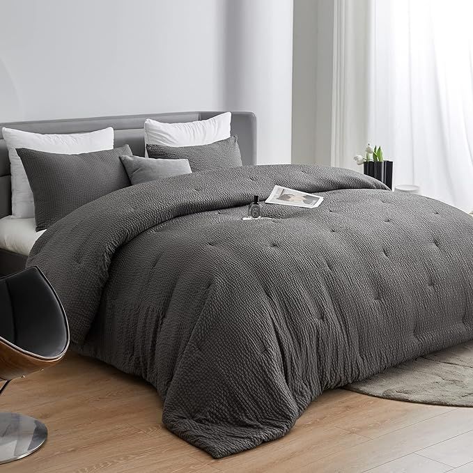HOMBYS 3 Piece Seersucker Oversized King Comforter Set 128x128, Breathable Grey Soft Comforter Se... | Amazon (US)
