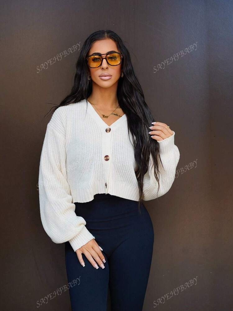 SAYEHFBABY Solid Drop Shoulder Button Up Crop Cardigan,Long Sleeve Tops,Knitted Sweater | SHEIN