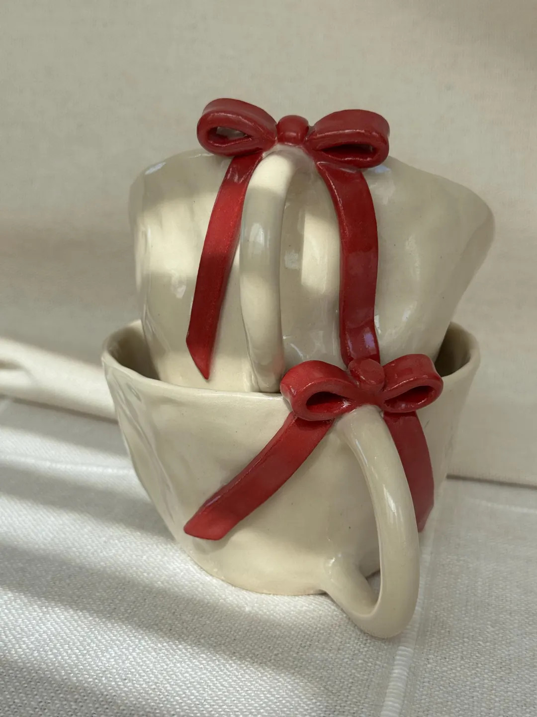 Handmade ceramic red bow mug, irregular wrinkle, rustic hand pinched, gift,pottery drinkware, tre... | Etsy (US)