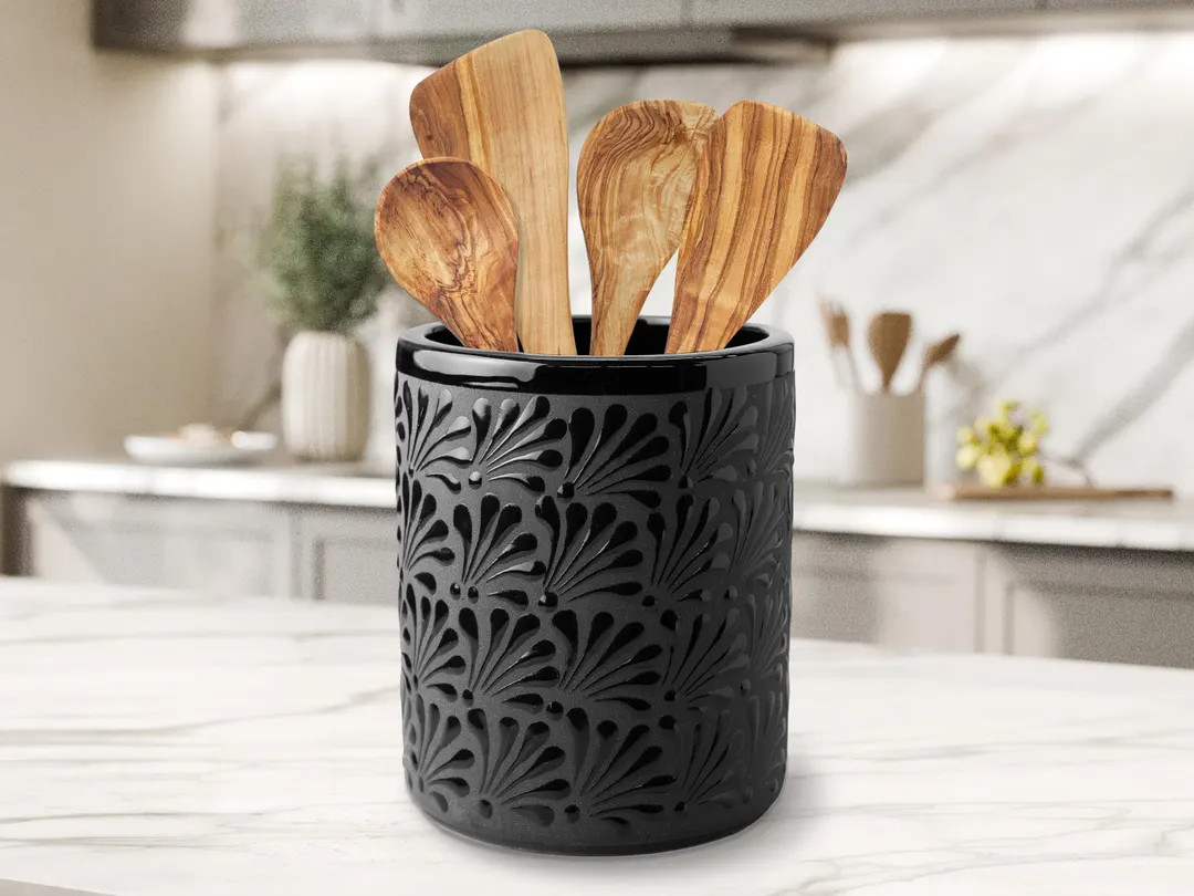 Handmade Talavera Utensil Holder: Mexican Kitchen Decor Engobe Black on Black | Etsy (US)