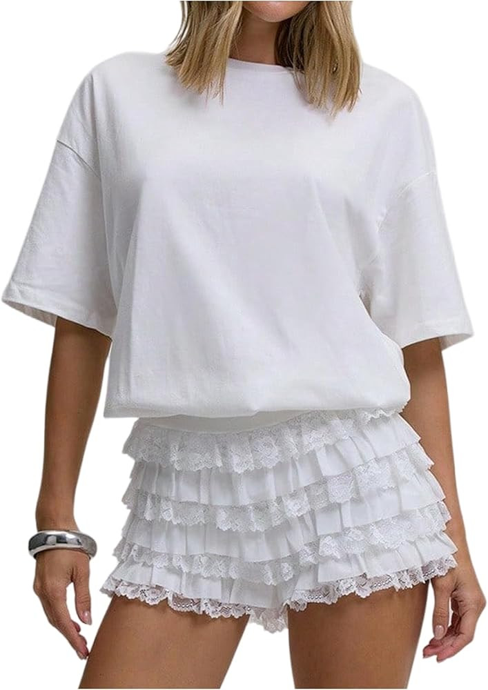 MakeMeChic Women's Floral Lace Ruffle Mini Shorts Mesh Layered Cute Y2k Bloomer Shorts | Amazon (US)
