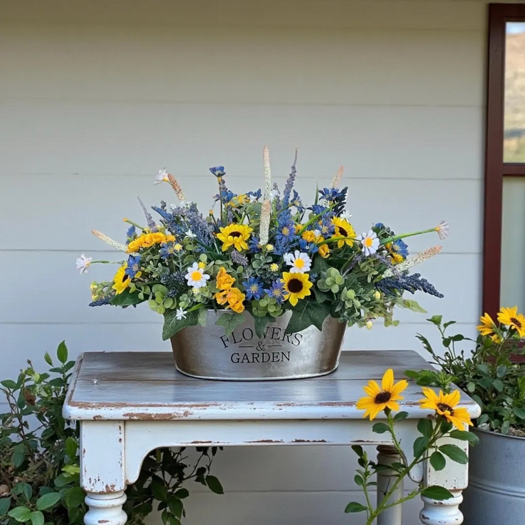Bring a soft pop of color and cozy charm into your home with this farmhouse-inspired floral centerpiece. Designed in a rustic metal container embossed with “Flower Garden,” this arrangement blends cheerful blue, yellow, and white blooms with lush greenery for a fresh-from-the-garden look—without the upkeep. It’s the perfect statement piece for a dining table, coffee table, or kitchen island, adding effortless warmth and seasonal style to any space. #LTKhome #farmhousedecor #springdecor #floraldecor #coffeetabledecor #diningroominspo #homestyling #etsyfinds

#LTKSeasonal #LTKWedding #LTKHome