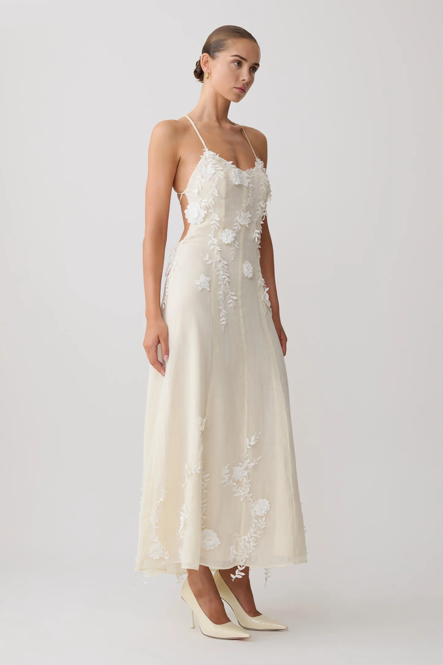 Odette Floral Lace Midi Dress - Buttermilk | Meshki UK
