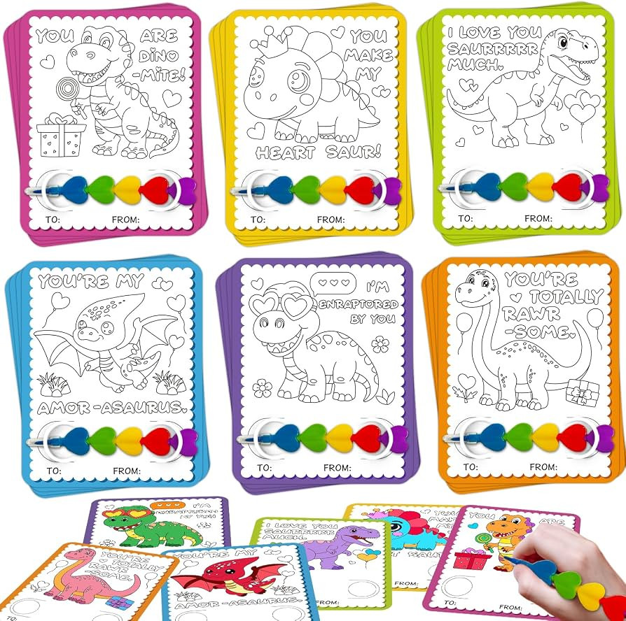 Valentines Day Cards for Kids School – 24 Pack Dinosaur Classroom Coloring Exchange Cards with ... | Amazon (US)
