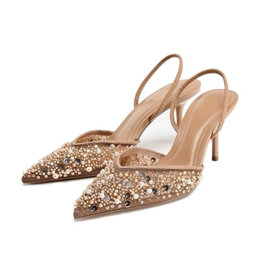ATBELL Pearl Kitten Heels für Damen, spitzer Zehenbereich, Netzstoff, Strass, Absatz, transparent, PVC, Stiletto, mittelhoher Absatz, für Hochzeit, Party, Kleid, Braut, Pumps, Beigefarbene Pailletten | Amazon (DE)