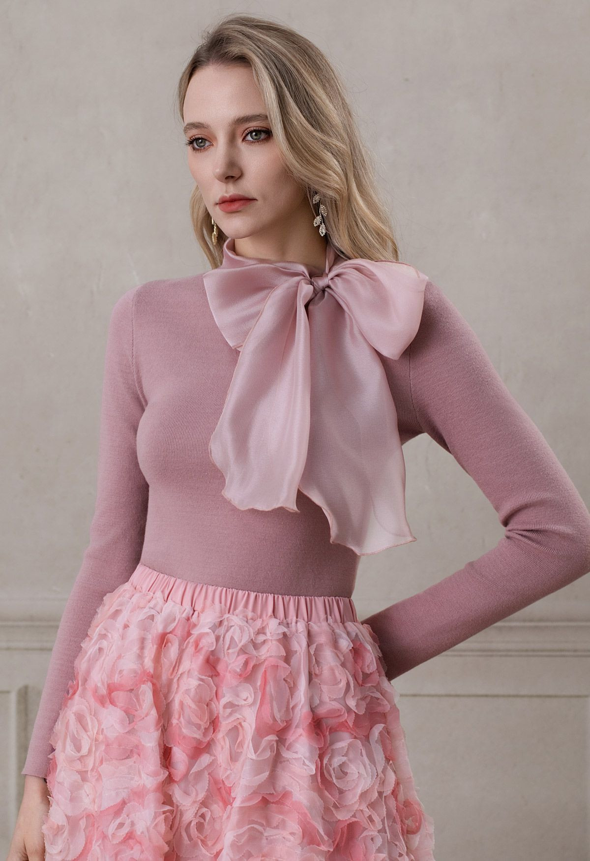 Organza Bowknot Neckline Knit Top in Dusty Pink | Chicwish