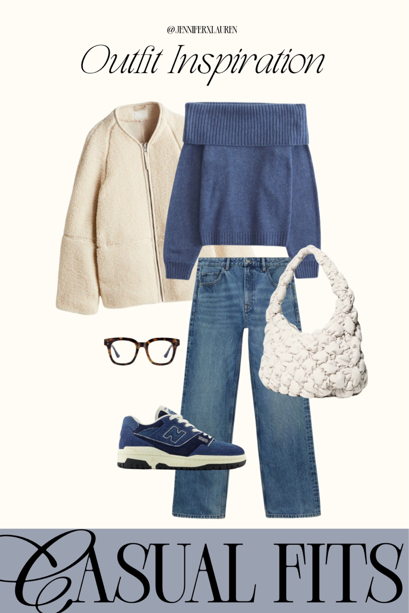 Casual blue outfit with new balance sneakers 

Winter outfit ideas, Amazon fashion, Amazon favorites, new balance shoes, blue sweater, Abercrombie haul, aritzia sweater, Paige jeans, wide leg jeans, cozy casual, winter outfit, oversized sweater, off-shoulder sweater, blue denim jeans, white sherpa jacket, neutral tones, quilted bag, New Balance sneakers, tortoiseshell glasses, casual chic, effortless style, weekend wear, comfortable and stylish.

#LTKfindsunder100 #LTKfindsunder50 #LTKsalealert