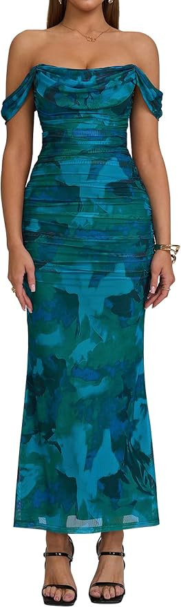 KUTUMAI Off The Shoulder Maxi Long Dress Corset Ruched Bodycon Cocktail Formal Wedding Guest Dres... | Amazon (US)