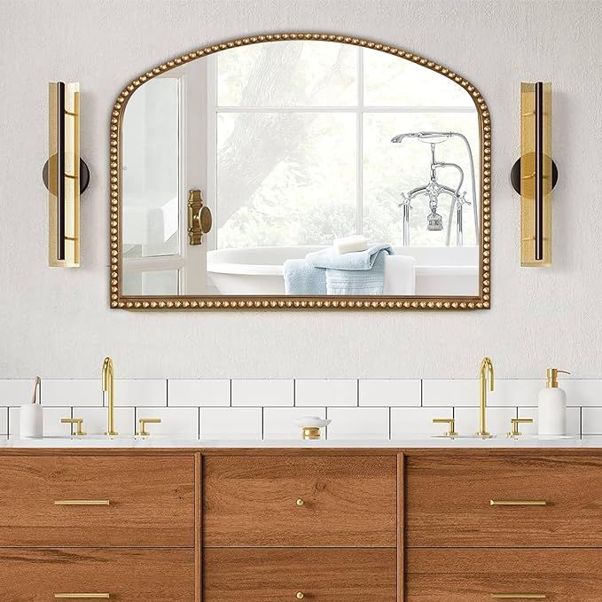 Vanity Mirror for Bedroom, 35" x 28" Large Arch Vintage Gold Wall Mirror, Beaded Frame Decorative... | Amazon (US)