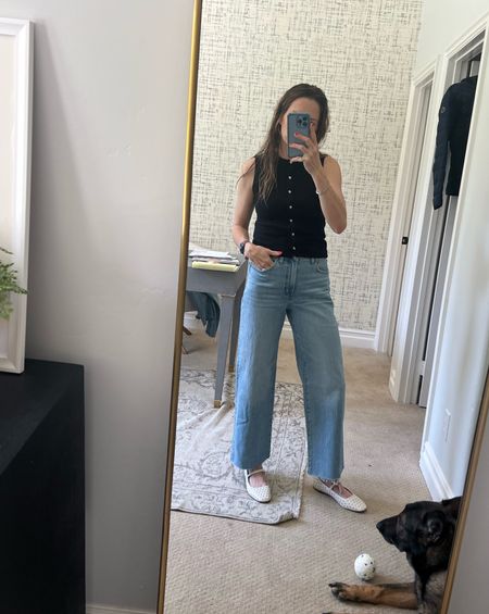 Vest top, sleeveless top, travel outfit, vintage wide leg jeans, wide leg jeans, cool mom jeans, studded flats, Mary Jane flats, Madewell x LTK, French girl outfit, French girl aesthetic 

#LTKover40 #LTKtravel #LTKxMadewell
