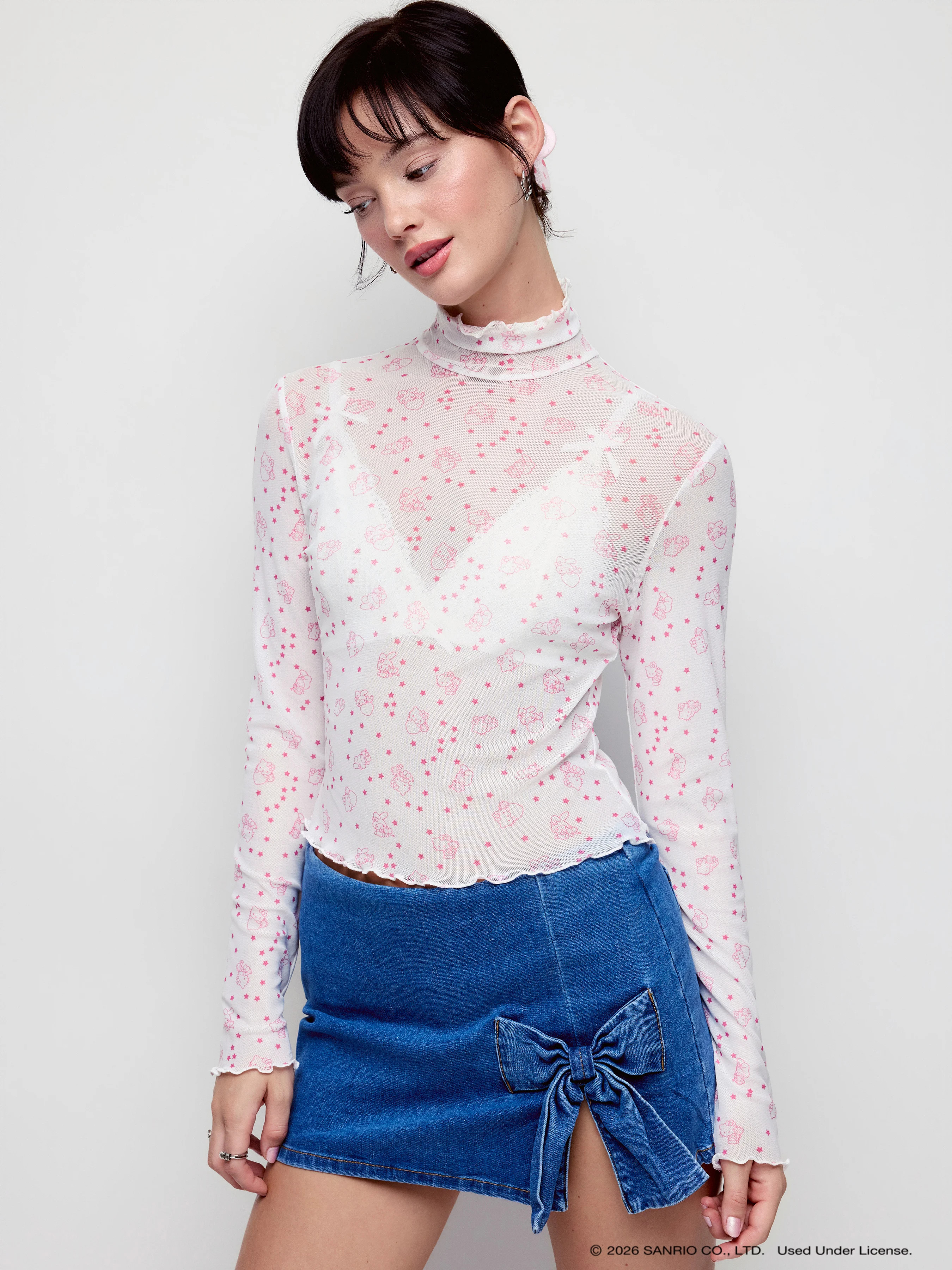 Mesh Star Gazing Mesh Mockneck Lettuce Trim Top For School Daily Casual | Cider