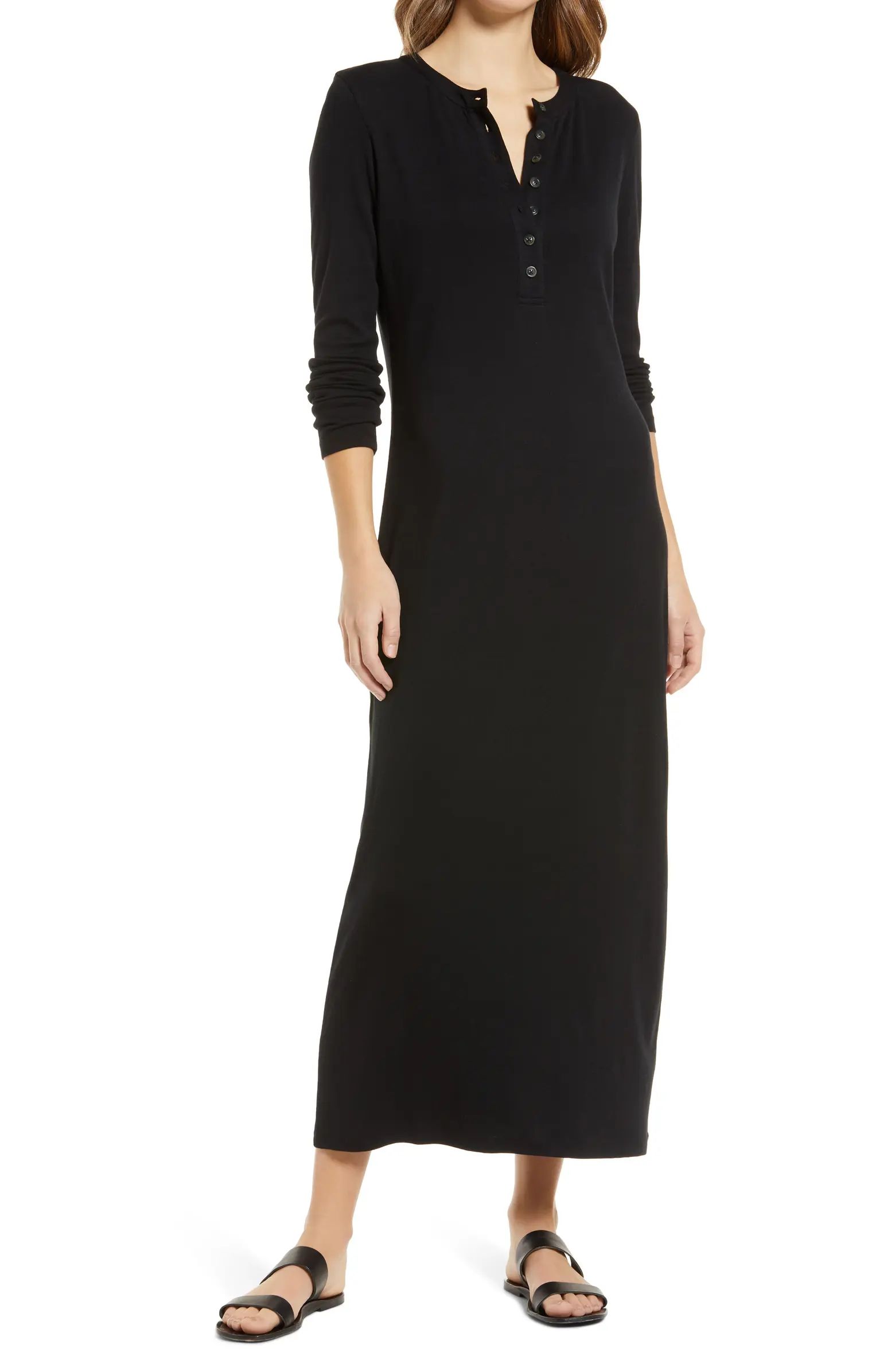 Caslon® Split Neck Long Sleeve Cotton Blend Dress | Nordstrom | Nordstrom