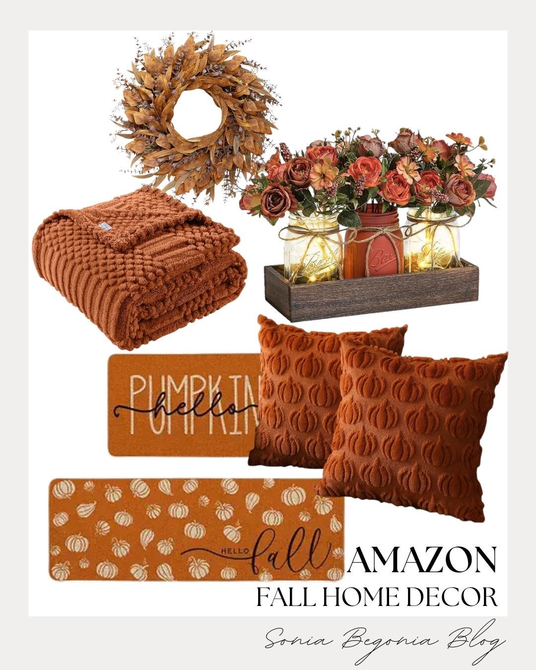 Transform your space into a cozy autumn haven with these stunning Amazon finds! I love this rich orange textured throw blanket paired with pumpkin-patterned throw pillows to bring instant warmth to your living room or bedroom setup. 🍂✨

Complete the seasonal look with a gorgeous fall leaf wreath, an illuminated floral mason jar centerpiece, and festive "hello fall" doormats.

#LTKhome #AmazonHome #FallDecor #AutumnVibes #CozyHome #HomeDecorFinds #InteriorStyling #PumpkinSeason #SoniaBegoniaBlog

#LTKSeasonal #LTKHome
