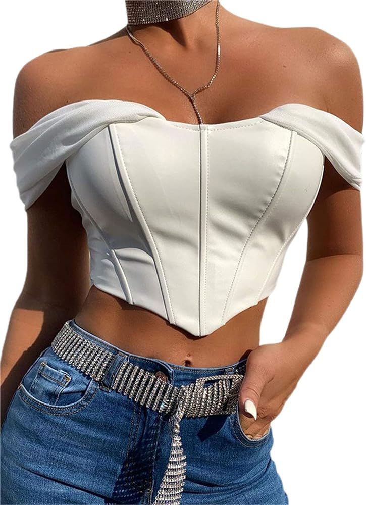 Avanova Women's Sexy Mesh Short Sleeve Patchwork PU Leather Corset Crop Tank Top | Amazon (US)