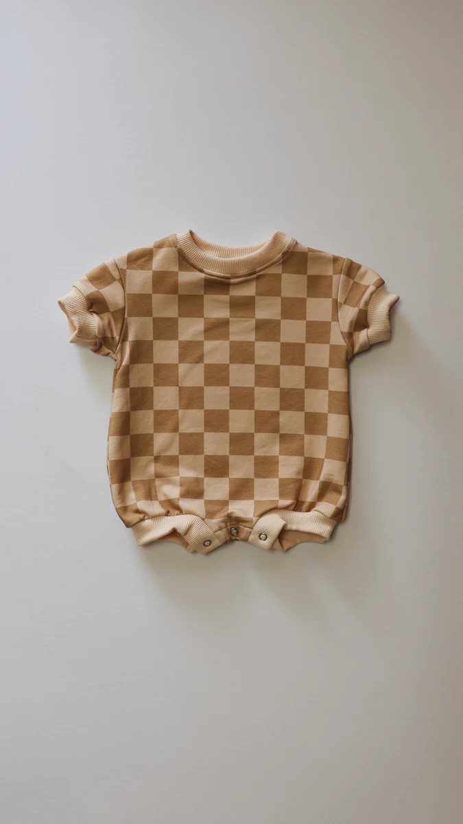 Apricot Checker | Short Sleeve Romper | Forever French