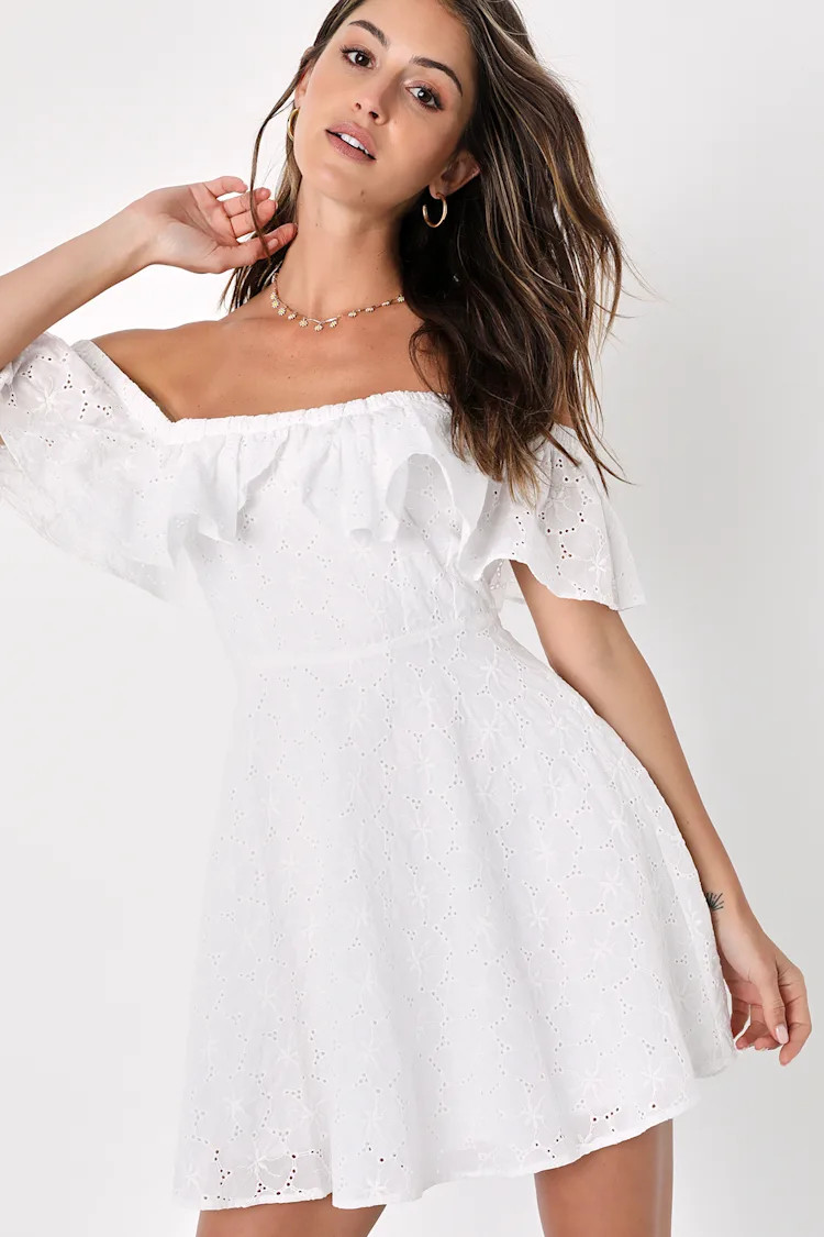 Dreamy Season White Eyelet Ruffled Off-the-Shoulder Mini Dress | Lulus (US)
