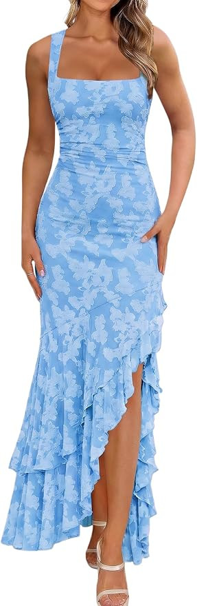 BORIFLORS Women's Elegant Ruched Floral Maxi Wedding Guest Dress | Amazon (US)