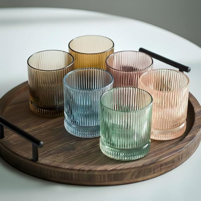 Physkoa Colored Ribbed Drinking Glasses Set of 6 - Vintage Highball Glasses Colorful,Embossed Rib... | Amazon (US)