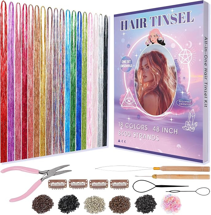 Hair Tinsel 18 Colors Fairy Hair Tinsel Kit Gift 8600 Strands 48Inch | Amazon (US)